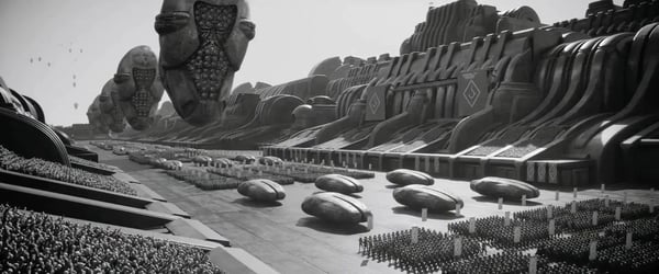 Black and white scene from Dune: 2 showcasing the planet Giedi Prime.