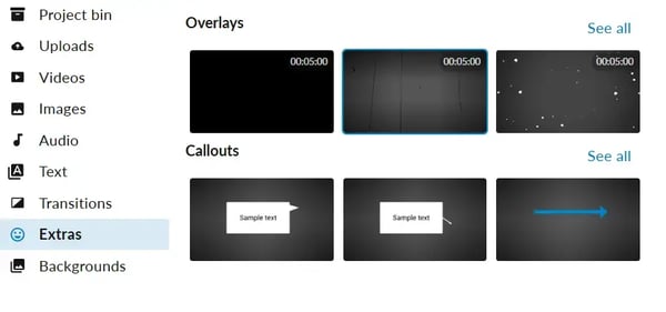 WeVideo editor showing the "Extras" tab for Overlays and Callouts.