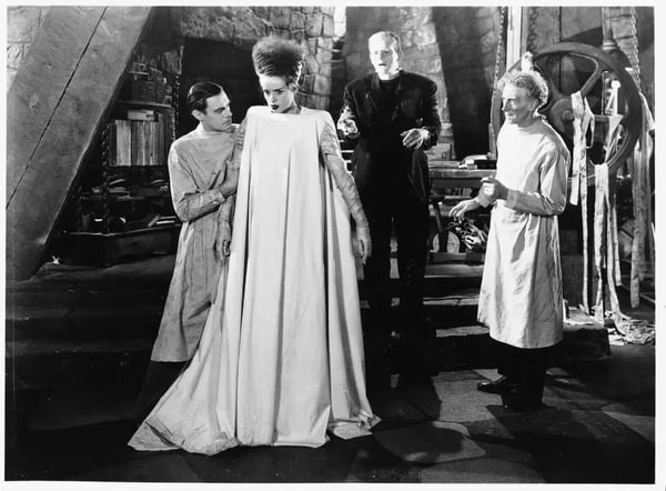 Black and white scene from Frankenstein in the lab.