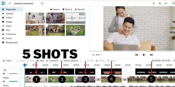 Five individual shots highlighted on the timeline in WeVideo's editor.