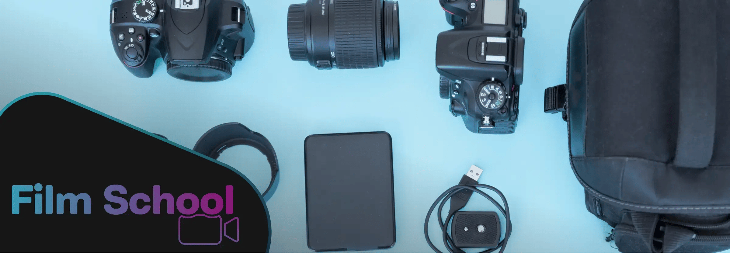 Flat lay of various video equipment. WeVideo Film School graphic in bottom left corner. 