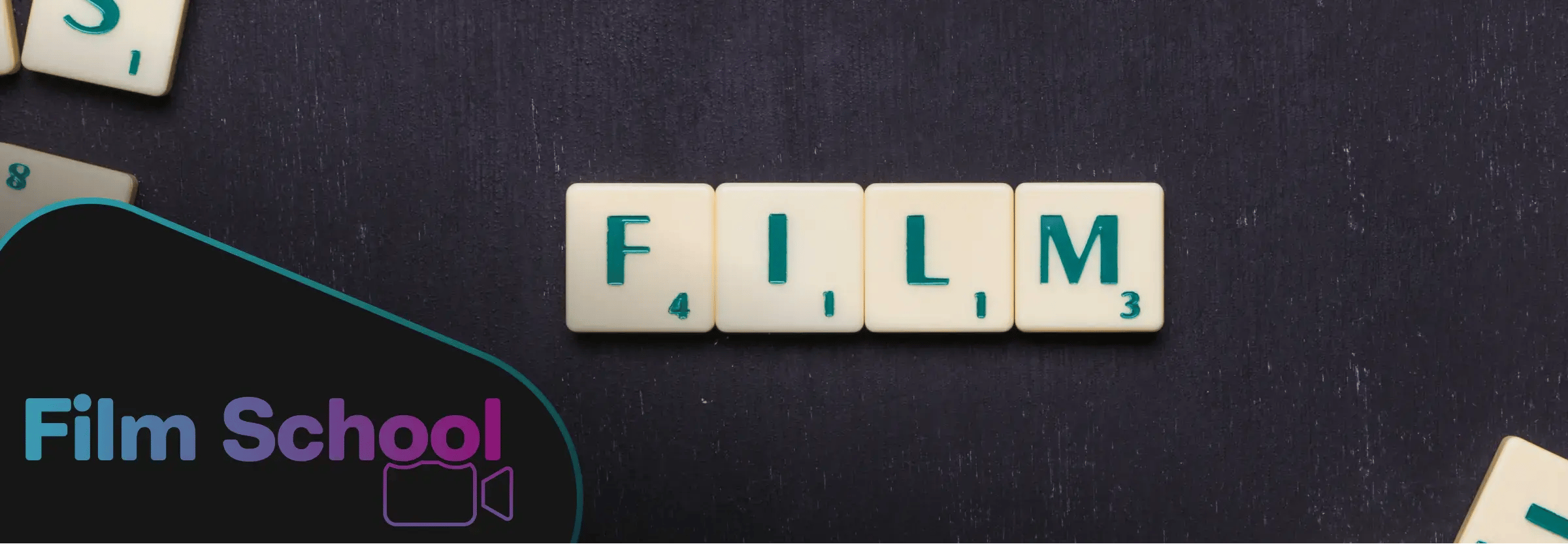 The word film spelled out in Scrabble titles. WeVideo Film School logo in corner.