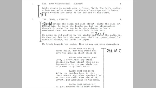 Screenplay with annotations for shot selections.