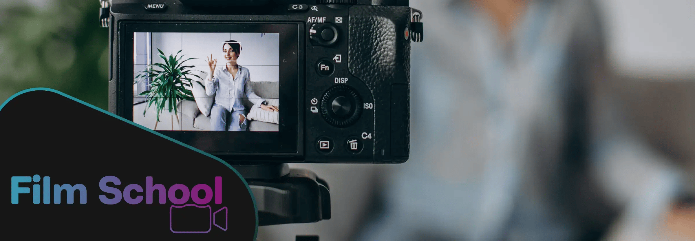 Influencer recording her own video at home. WeVideo Film School logo in bottom left corner. 