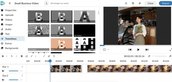 Selecting a video transition in WeVideo's editor.