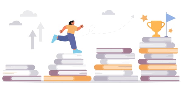 Illustration of person running up stacks of books toward trophy.