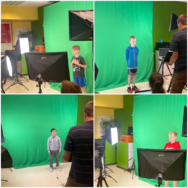 Collage of students at Yealey Elementary standing in front of green screens.