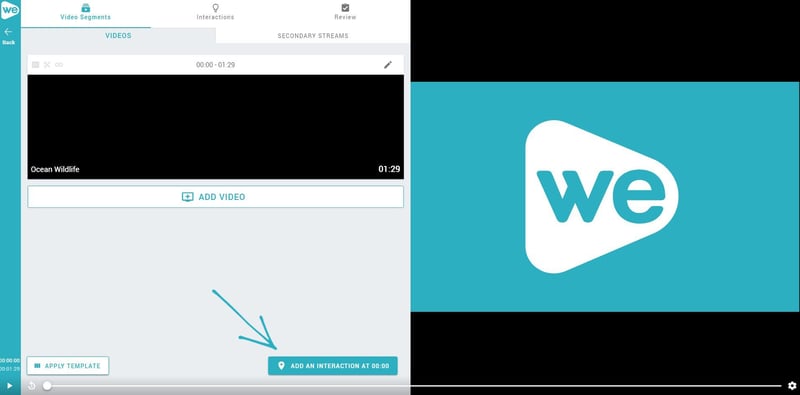 Interactive design player in WeVideo Interactivity, with arrow pointing at Add an interaction feature.