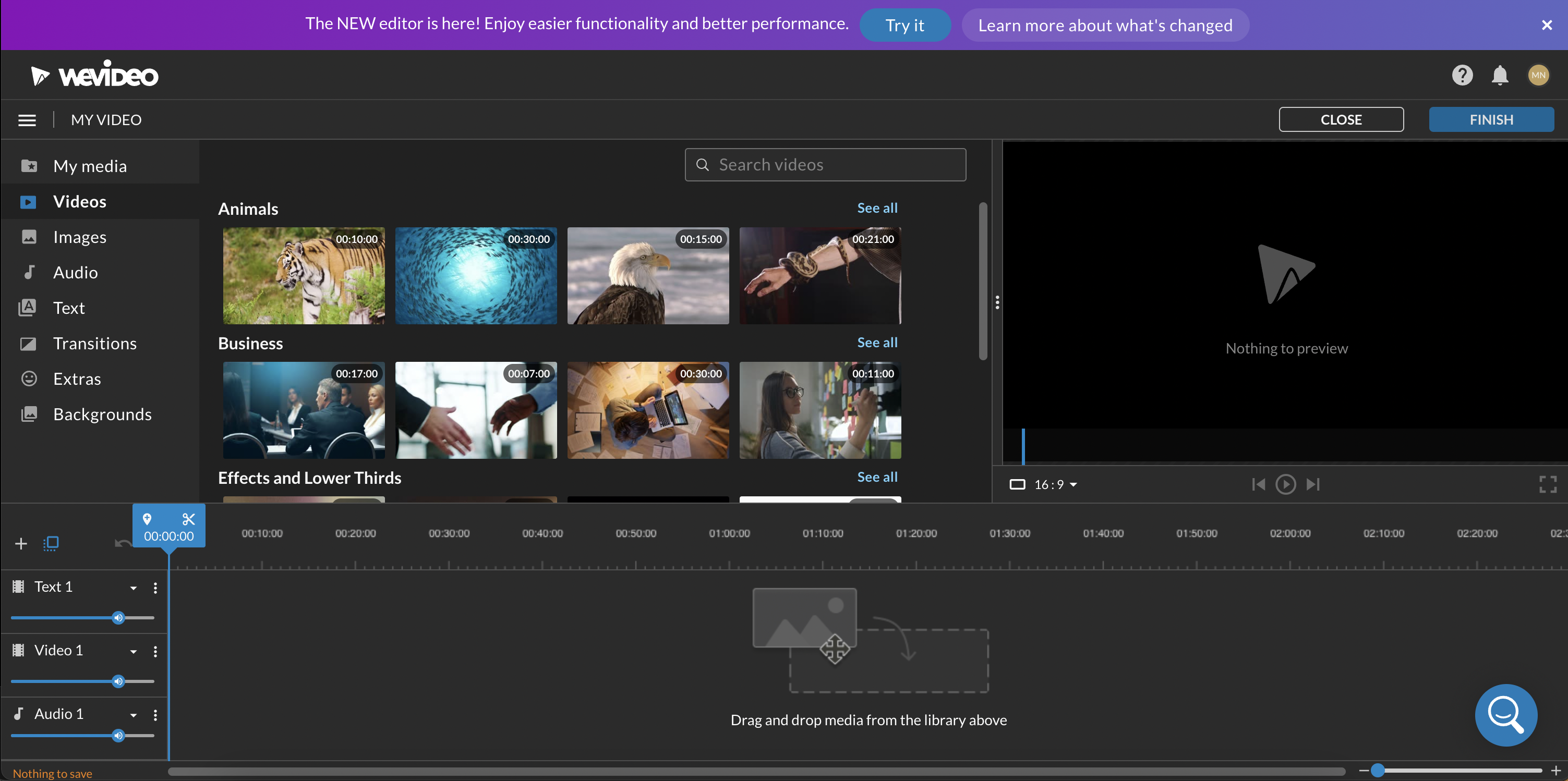 WeVideo Classic editor with announcement banner on top, directing users to try the New editor.