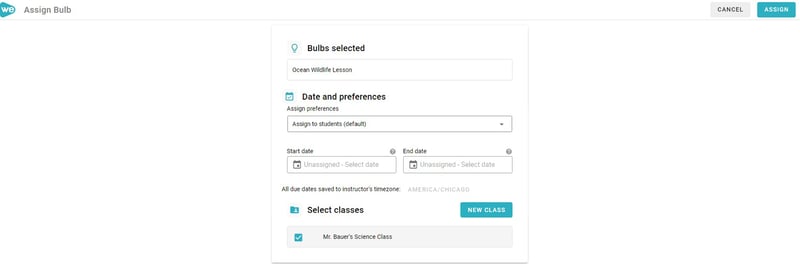 Assigning an interactive video to a class in WeVideo.