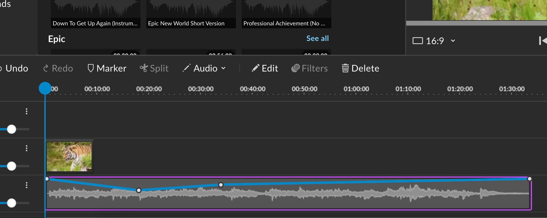 Screenshot of audio waveform on clip in WeVideo