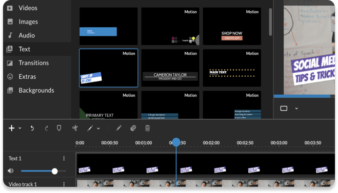 The WeVideo text tab showcasing motion titles.