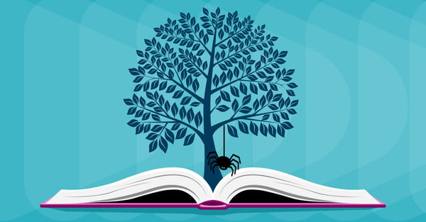 Illustration of tree growing out of book. Spider hanging from tree. Teal background.