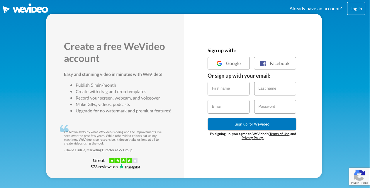 Sign-up form for WeVideo to create a free account against light blue background.