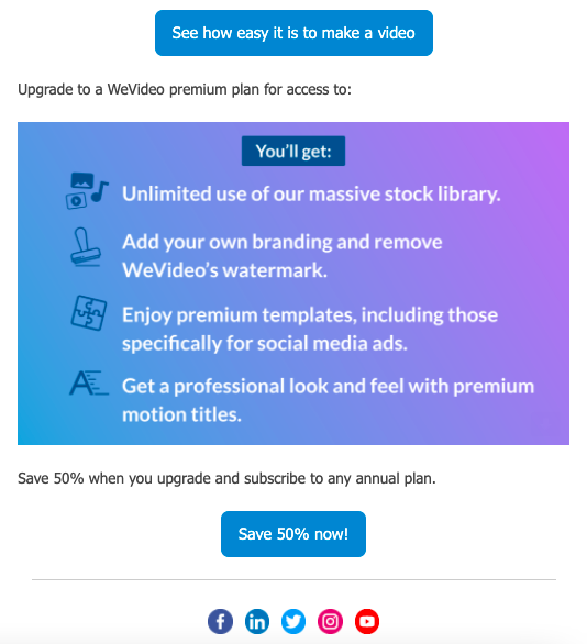 Bottom half of WeVideo email template with blue and purple color gradient, blue icon graphics, white text, and blue CTA buttons.