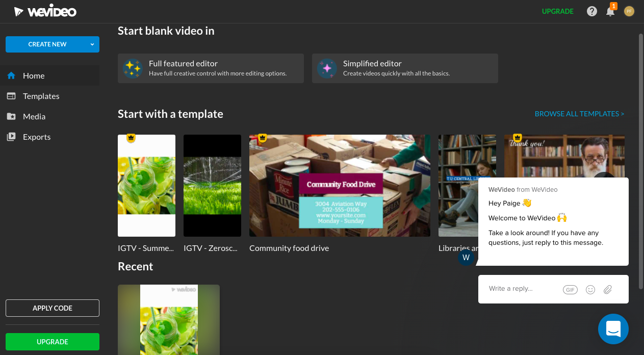 Screenshot of WeVideo’s online Hub space with virtual chat assistant.