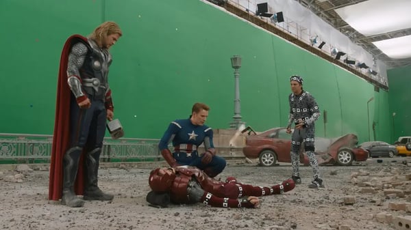 Scene from Marvel movie shown in front of green screen.