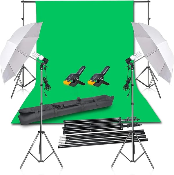 Green screen starter kit with equipment like a green screen sheet, basic lights, and backdrop set.