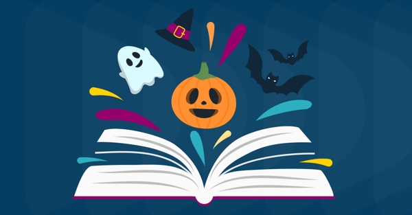 Illustration of open book with illustrations of pumpkin, witch, bats, and ghost coming out of it.