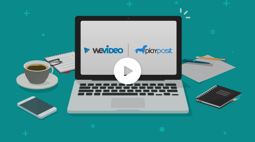 Green background with graphic laptop open. Graphic coffee cup and office supplies scattered about. WeVideo and PlayPosit logos on laptop screen.