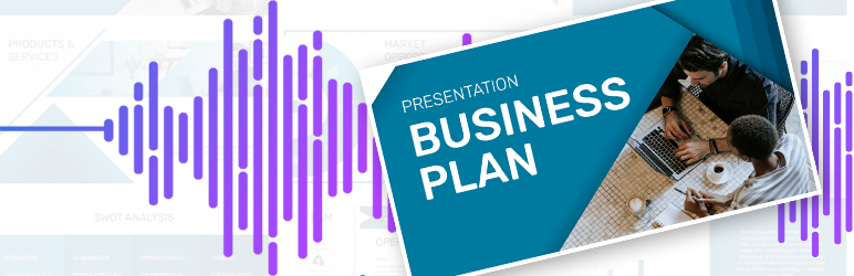Business plan presentation slide, with purple audio stream behind it to signify making a slideshow with music.