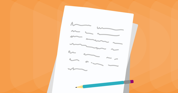 Illustration of piece of paper and pencil. Orange background.