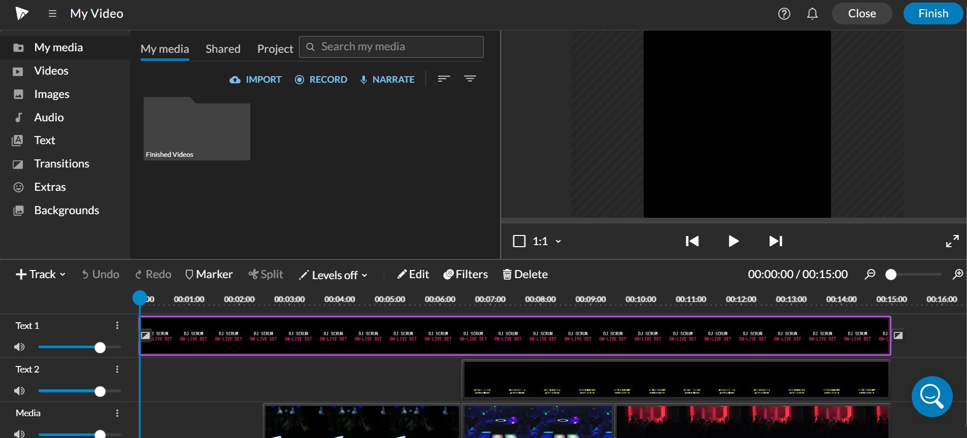 WeVideo editor with video project on Timeline. 