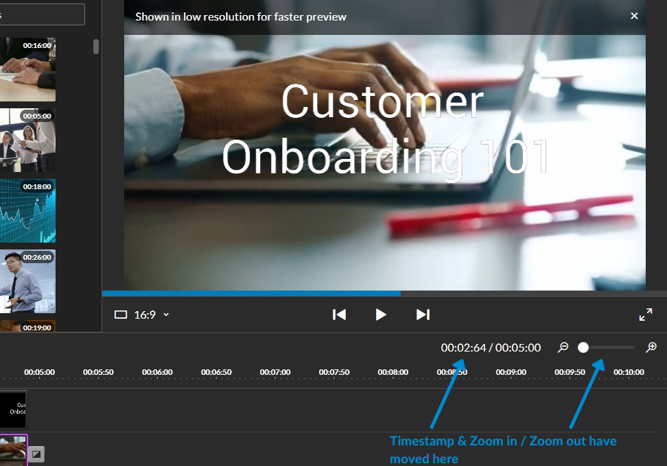 New WeVideo preview screen, with arrows indicating where the Timestamp and Zoom in / Zoom out features are located.