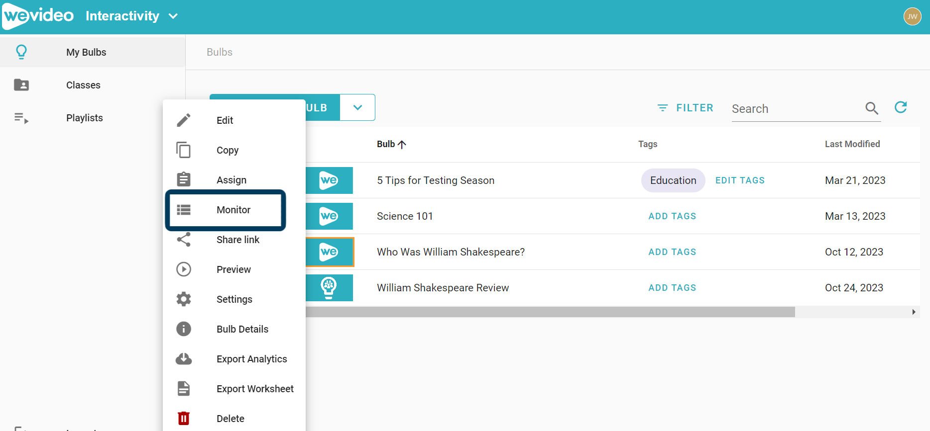 Monitoring progress on Learner-Made Bulbs in WeVideo Interactivity.