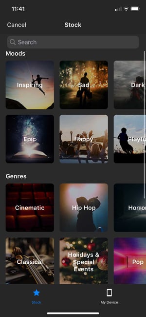 Screenshot of WeVideo iOS app with royaltyfree music categories shown
