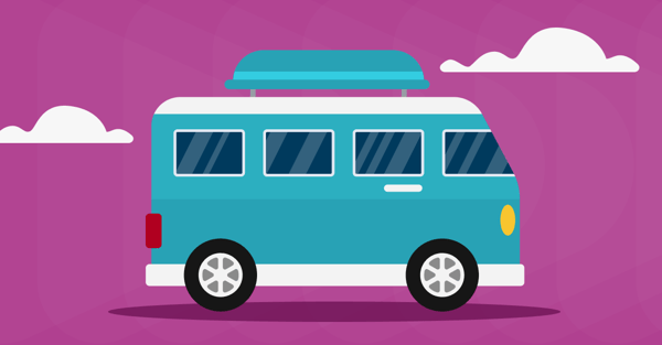 Illustration of camper van on magenta background.