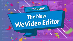 Banner with colorful text and confetti announcing the New WeVideo editor. w