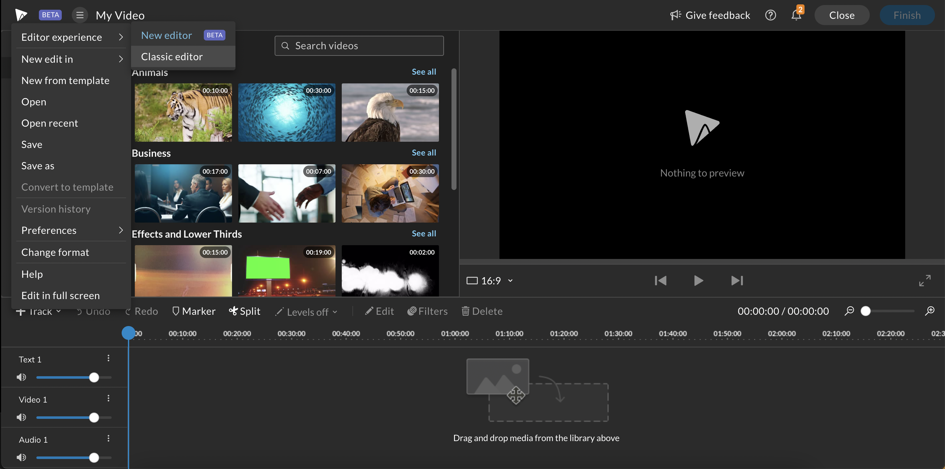 New WeVideo editor, showing how to switch back to the Classic WeVideo editor.