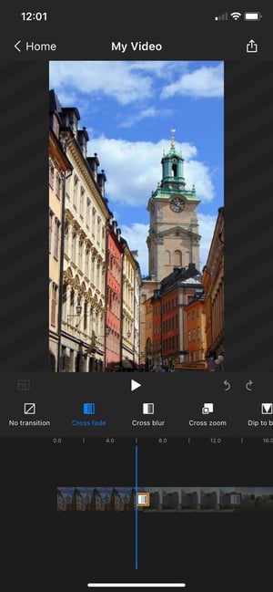 Screenshot of WeVideo iOS app with transitions submenu shown