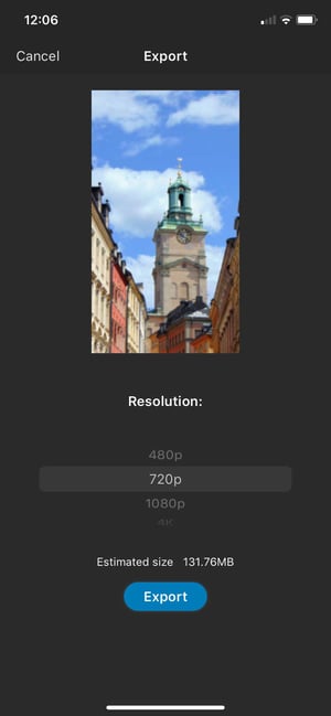Screenshot of WeVideo iOS app with video export resolution screen shown