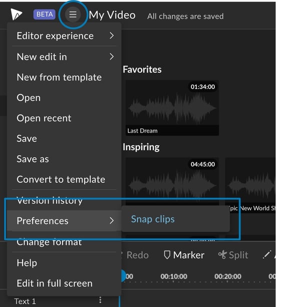 Screenshot of Preferences > snap clips in WeVideo