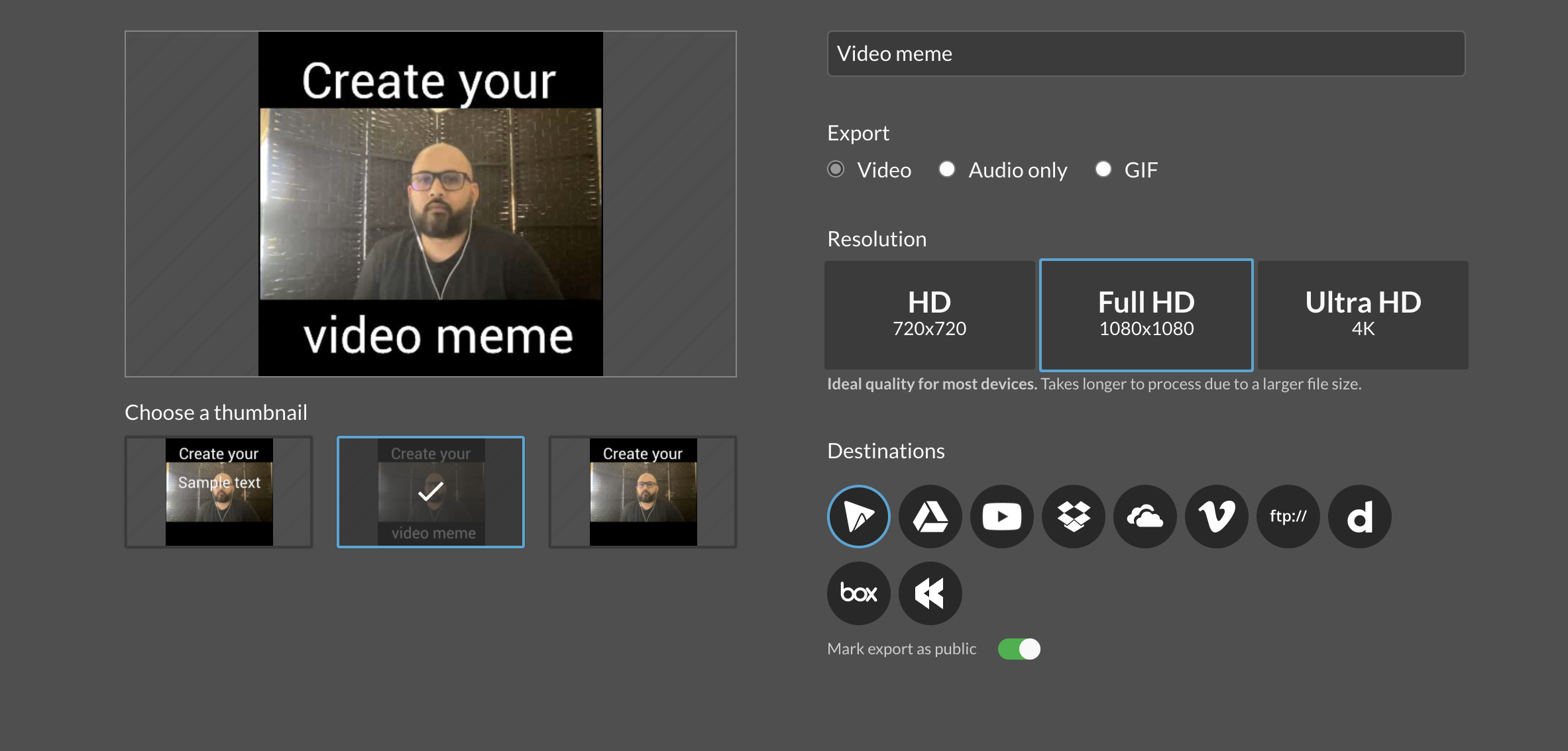Export video menu in WeVideo editor, with completed video meme being exported.