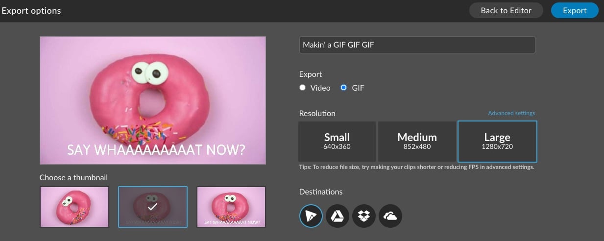 Screenshot of GIF export options in WeVideo