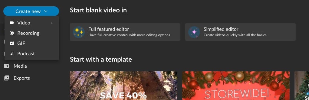 Screenshot of WeVideo video editor with Create new submenu open