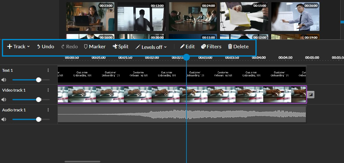 The Editing toolbar in WeVideo, with features like Add tracks, Undo/Redo, Place a Marker, Split clips, Adjust audio and opacity, Edit clips, Add filters, and Delete clips.