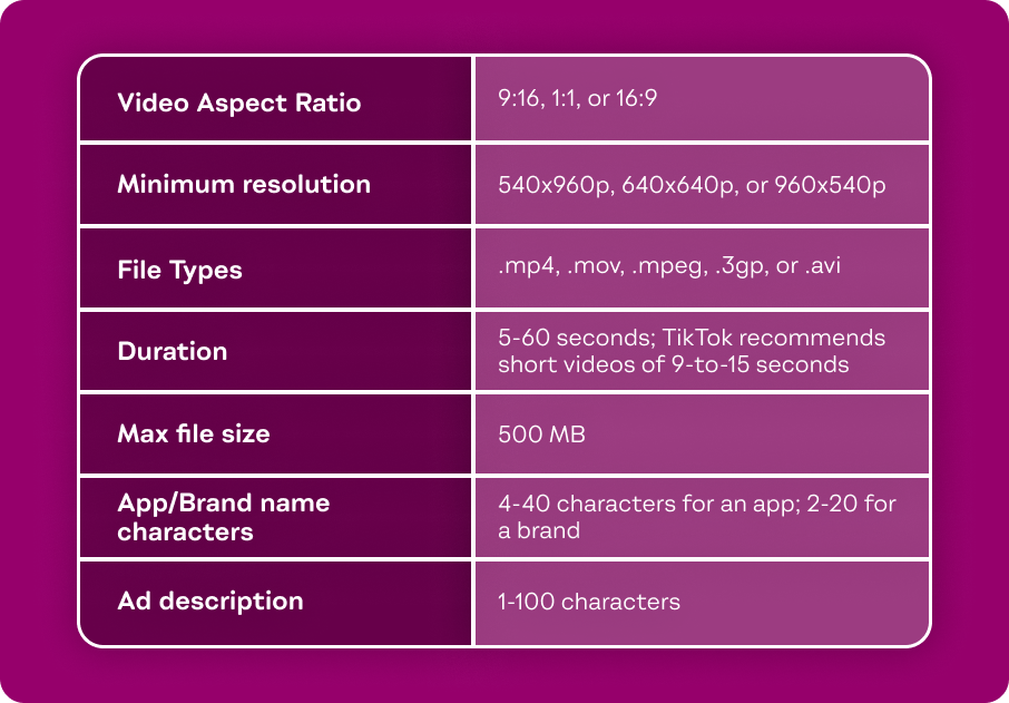 Magenta chart detailing various TikTok ad sizes and specs.
