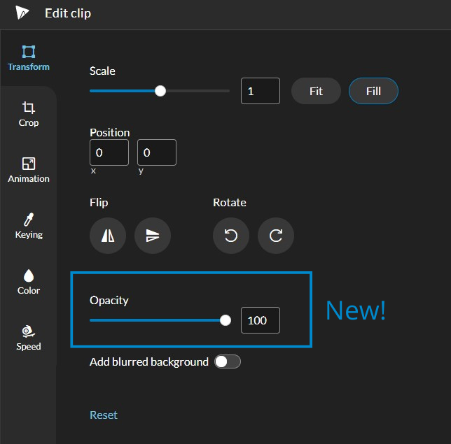 Opacity slider in WeVideo Clip editor.