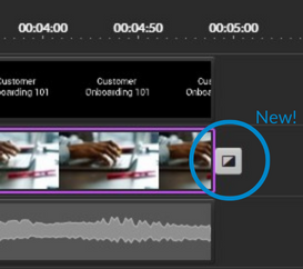 WeVideo Timeline, showing where to click in order to add a transition after a clip.