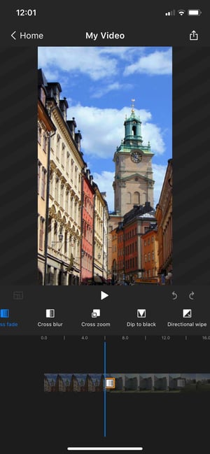 Screenshot of WeVideo iOS app with video transitions menu shown