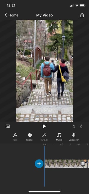 Screenshot of WeVideo iOS app with plus sign to upload a new video shown