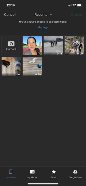 Screenshot of WeVideo iOS app with video selection screen shown