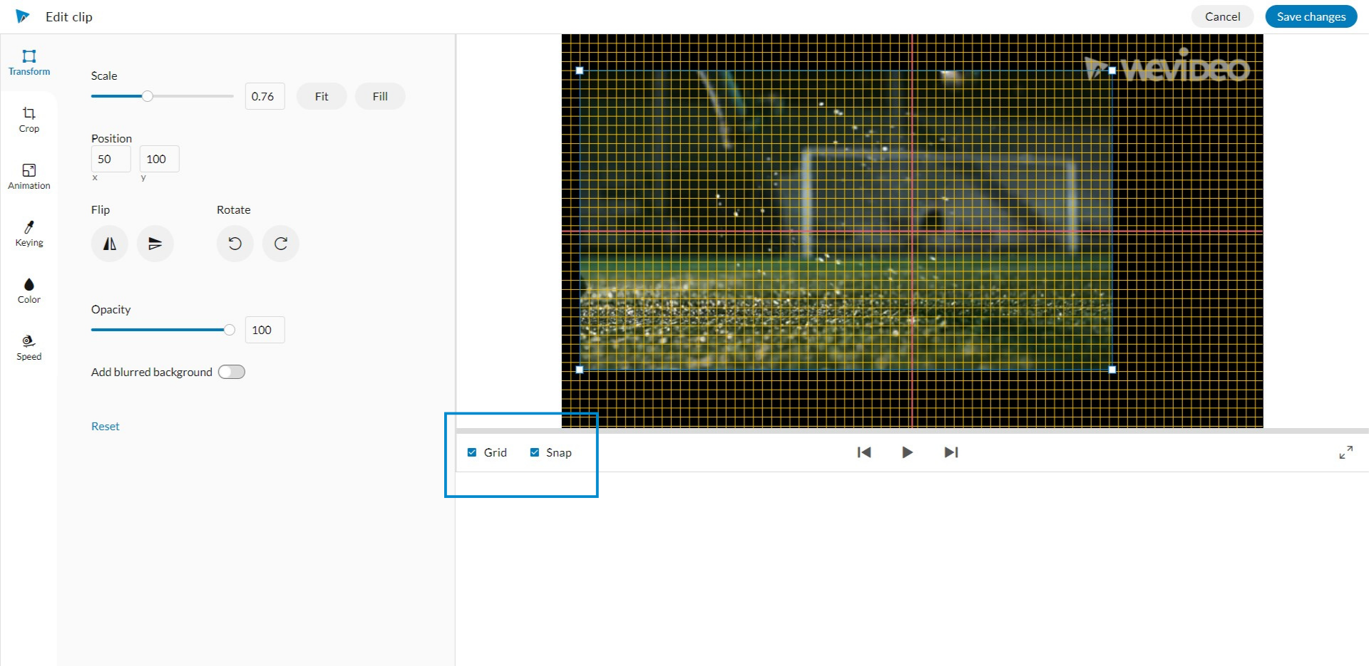 The Clip editor in WeVideo Classroom, indicating where new features, Grid & Snap, are located.