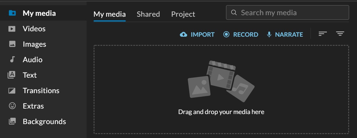 WeVideo editor, showing where to click in order to import new media.