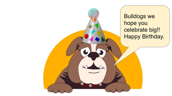 Graphic of bulldog with birthday hat. Text reads Bulldogs we hope you celebrate big!! Happy birthday.