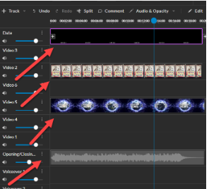 Editing timeline in WeVideo with multiple tracks added. Red arrows pointing at multiple tracks.